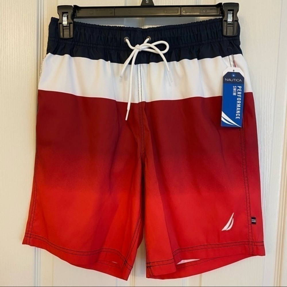 Nautica Men's Colorblocked Quick-Dry 18" Board Shorts in Navy/White/Red Size S - Picture 2 of 7